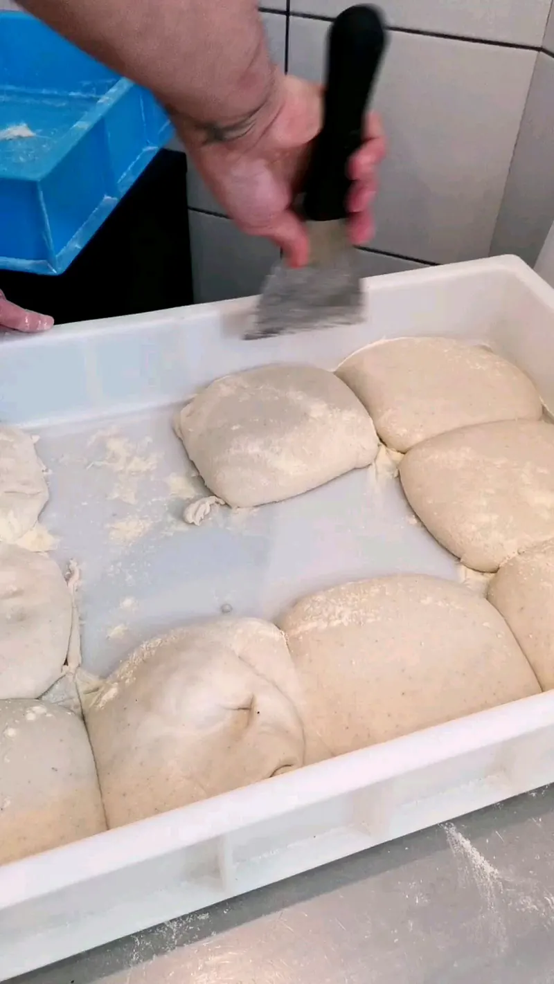 Pâtons de pâte à pizza maison en train de lever dans un bac, prélevés à la spatule par le pizzaiolo